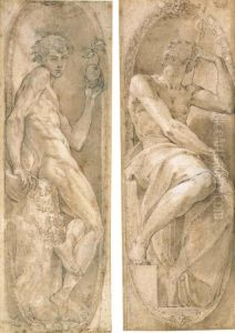 Adam Holding An Apple, Seated, 
In A Medallion; And Aaron Lookingup, Seated, In A Medallion by Girolamo Mazzola Bedoli