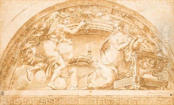 The Annunciation: A Design For A Lunette In A Fictive Cove Above Agreek Key Pattern
With Inscription 'francesco Parmesan'
Black Chalk - view 1