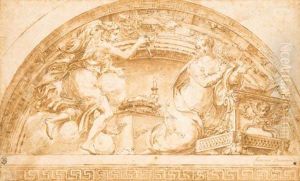 The Annunciation: A Design For A Lunette In A Fictive Cove Above Agreek Key Pattern
With Inscription 'francesco Parmesan'
Black Chalk by Girolamo Mazzola Bedoli