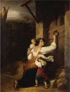 Mother And Children Fleeing; At The Altar by Giuseppe Mazzolini
