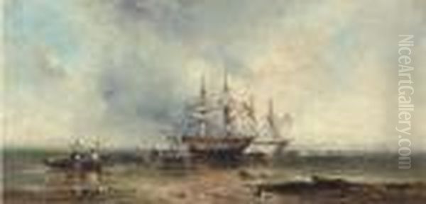 Trading Brigs Unloading At Low Tide; And Shipping At The Harbourmouth - view 1