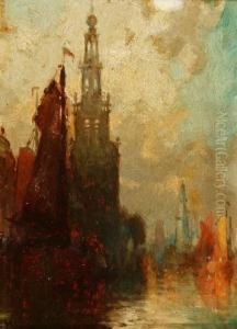 Amsterdam Harbor Scenewith 
Spired Building. Oil On Canvas. Gilt-composition Frame. Signedl.l by George Herbert McCord
