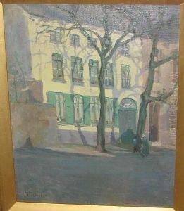 Sunlit Street Scene With Figures And Trees by Mary Mccrossan
