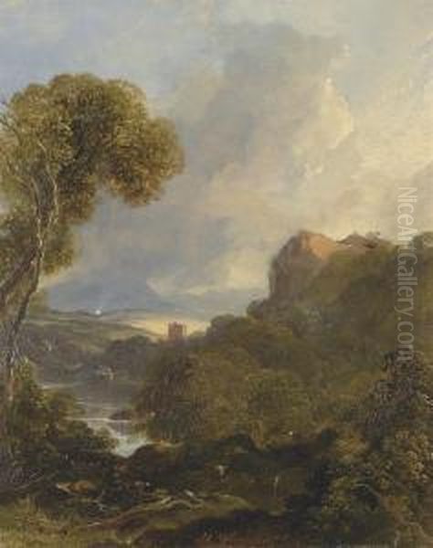 Deer In A Highland Landscape, A Mill Beyond - view 1