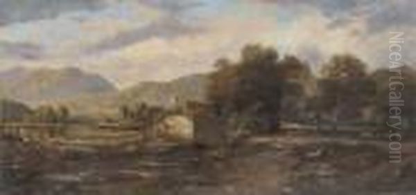 Figures Beside A Cottage In A Highland Landscape - view 1