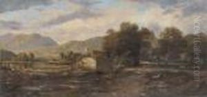 Figures Beside A Cottage In A Highland Landscape by Horatio McCulloch