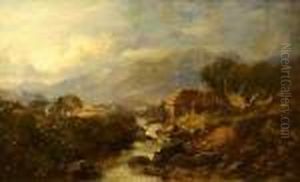 Thatched Cottages By A Highland Stream by Horatio McCulloch