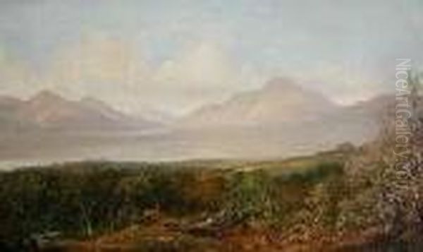 A Panoramic View Of A Loch, Deer In A Wooded Landscape In Theforegrou - view 1