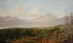 A Panoramic View Of A Loch, Deer In A Wooded Landscape In Theforegrou