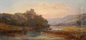 Cattle By The River In A Mountainous Landscape With Castle Beyond