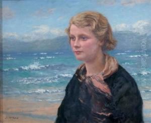 Studyof A Girl With Blonde Hair 
And Pink Scarf Standing On A Beach Withincoming Tide And Hills In The 
Distance