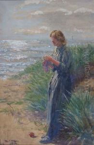 Coastal Scene With Lady Knitting From A Ball Of Wool - view 1