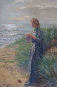 Coastal Scene With Lady Knitting From A Ball Of Wool