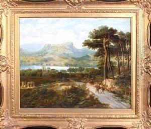 A Broad Lakeland Landscape With Harvesters Gathering Corn In Theforeground by Joseph Wrightson McIntyre