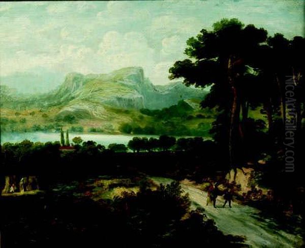 Lake And Mountain Scene With Figures In The Foreground - view 1