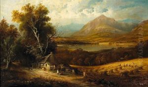 A Cottage By A Country Road With
 Figures Harvesting And A Lake And Mountains Beyond; Also A Companion 
Landscape (a Pair)