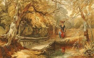 A Mother And Child Approaching A Bridge. A Mother And Child Approaching A Bridge.