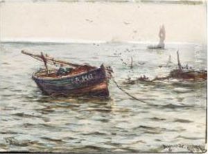 Fishing Boat At Anchor; Yacht Off The Coast Fishing Boat At Anchor; Yacht Off The Coast
