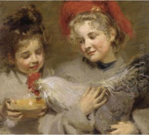Marjorie And Berthe Feed Their Pet Rooster "coco" by Frederick William Mcmonnies