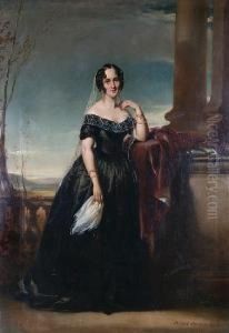 A Portrait Of A Lady, Full
Length, Standingbefore A Landscape Wearing Gold Earrings, And Pearl
Bracelet by Daniel Macnee