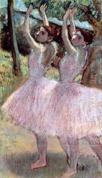 Dancers in violet dresses, arms raised, c.1900 - view 1