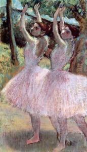 Dancers in violet dresses, arms raised, c.1900 by Edgar Degas