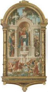 Christ Enthroned, Flanked By The
 Virgin And St. Francis Of Assisi, Before The Fountain Of Life