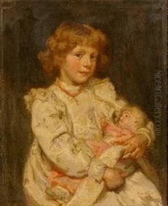 Half Length Portrait Of A Girl Holding A Dog by Rose Mead