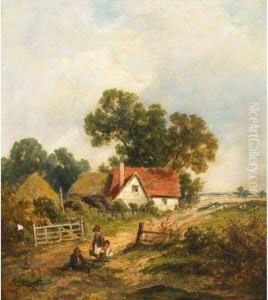Children Outside A Farmhouse by James Edwin Meadows