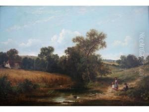 Children By A Country Pool On A Summer Day by James Edwin Meadows