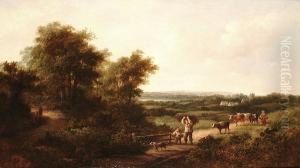 Figures And Cattle In An Extensive Landscape; A Herdsman And Cattle by James Edwin Meadows