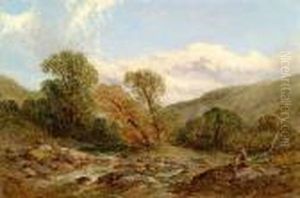"on The Usk Near Brecon", Summer
 Landscape With Figures Near A Stream, Signed And Dated 1879, Oil On 
Canvas