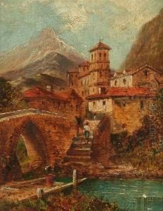 An Italian Village With Figures By A River