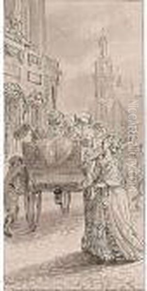 Three Designs For Book
Illustrations: A) Street Scene With Gentlemen And A Violinist; B)
Street Scene With A Carriage And A Lady; C) A Domestic Interior - view 1