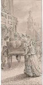 Three Designs For Book 
Illustrations: A) Street Scene With Gentlemen And A Violinist; B) 
Street Scene With A Carriage And A Lady; C) A Domestic Interior by Jacob Wilhelm Mechau