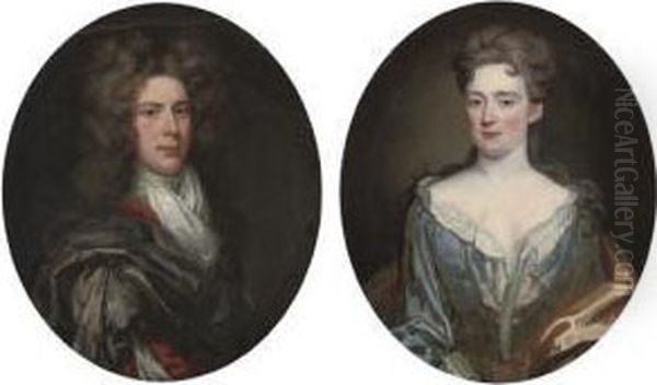 Portrait Of Thomas Mans[?], 
Bust-length, In A Red And Grey Robe With A White Cravat; And Portrait Of
 His Wife, Bust-length, In A Blue Dress With A Red Wrap - view 1