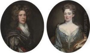 Portrait Of Thomas Mans[?], 
Bust-length, In A Red And Grey Robe With A White Cravat; And Portrait Of
 His Wife, Bust-length, In A Blue Dress With A Red Wrap