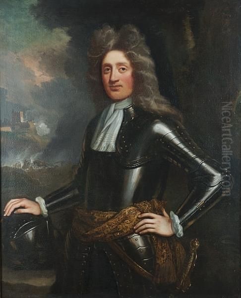 Portrait Of A Gentleman,
Standing Three-quarter-length, In Armour, His Right Hand Resting On A
Helmet, A View To A Cavalry Battle. - view 1