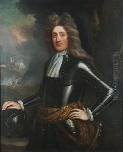 Portrait Of A Gentleman, 
Standing Three-quarter-length, In Armour, His Right Hand Resting On A 
Helmet, A View To A Cavalry Battle.