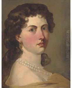 Portrait Of A Lady, Small Bust-length, Wearing A Yellow Wrap Andpearl Necklace