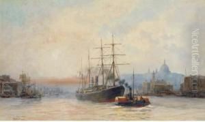 Towing Down River In The Pool Of London by Hubert James Medlycott