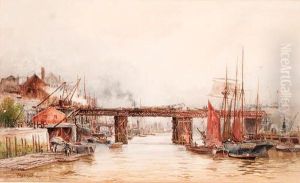 The Tower Bridge Works From The Tower Wharf, London by Hubert James Medlycott