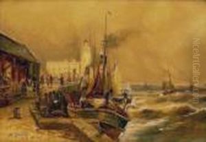 Steam Trawler Unloading On The West Pier Scarborough by Walter Meegan