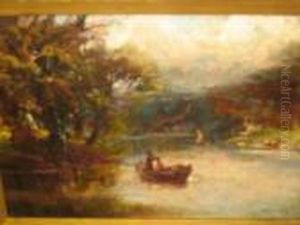 Lakescene With Fishing Boat In The Foreground by Walter Meegan