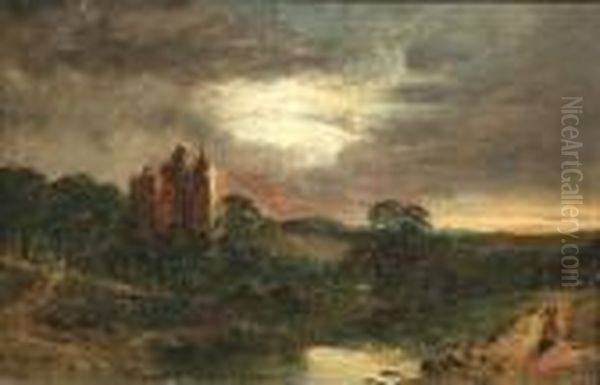 Castle In A Moonlit Landscape With A Figure On A Path - view 1