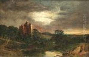 Castle In A Moonlit Landscape With A Figure On A Path Castle In A Moonlit Landscape With A Figure On A Path