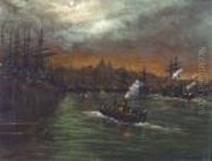 A Busy Harbour Scene At Moonlight A Busy Harbour Scene At Moonlight