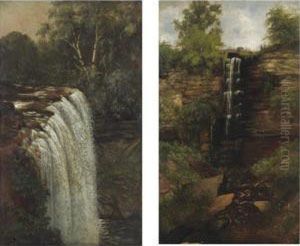 Minnehaha Falls And Woodland Falls: A Pair Of Paintings by Joseph Rusling Meeker