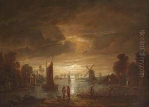 Eine Nachtliche Landschaft Mit
 Einem Dorf An Einem Wasserlauf