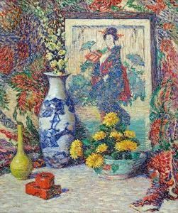Still Life Of Vases, Crysanthamums, And Ajapanese Print